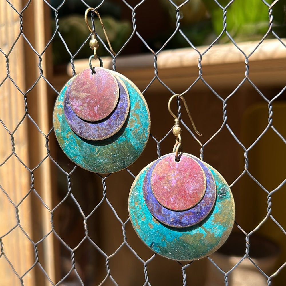 Vintage Layered Patina Metal Disc Earrings